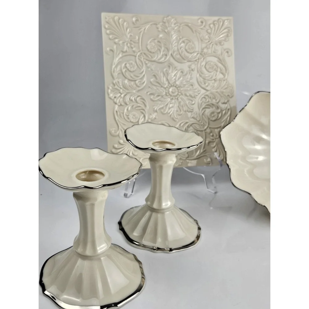 Collection of 5 Lenox‎ Ivory Platinum Candlesticks Trivet Candy & Scallop Dishes